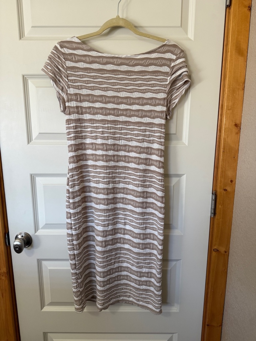 Sharagano Casual Striped Taupe & White Midi Dress